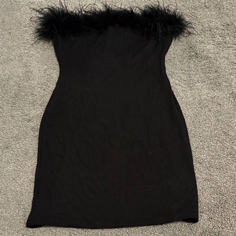 Naked Wardrobe Black Strapless Dress with Feather Trim